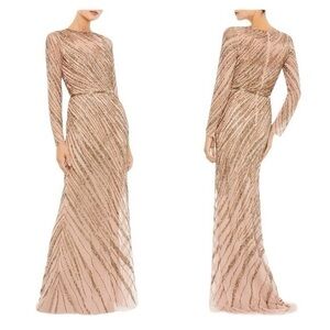 MAC DUGGAL Long Sleeve Beaded Column Gown in Mocha NWT| Sz 8